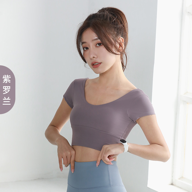 Picture of Juyitang Yoga Clothing Sports Navel-exposed Short-sleeved V-neck T-shirt Beautiful Strap Chest Pad Running Sports Tight Small Top