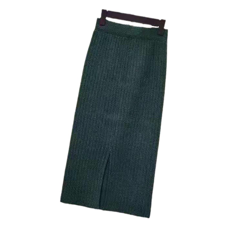 Autumn and Winter Mercerized Cotton High-Waisted Knitted Skirt Women's Slit Mid-Length Woolen One-Step Skirt Hip-Covering Skirt