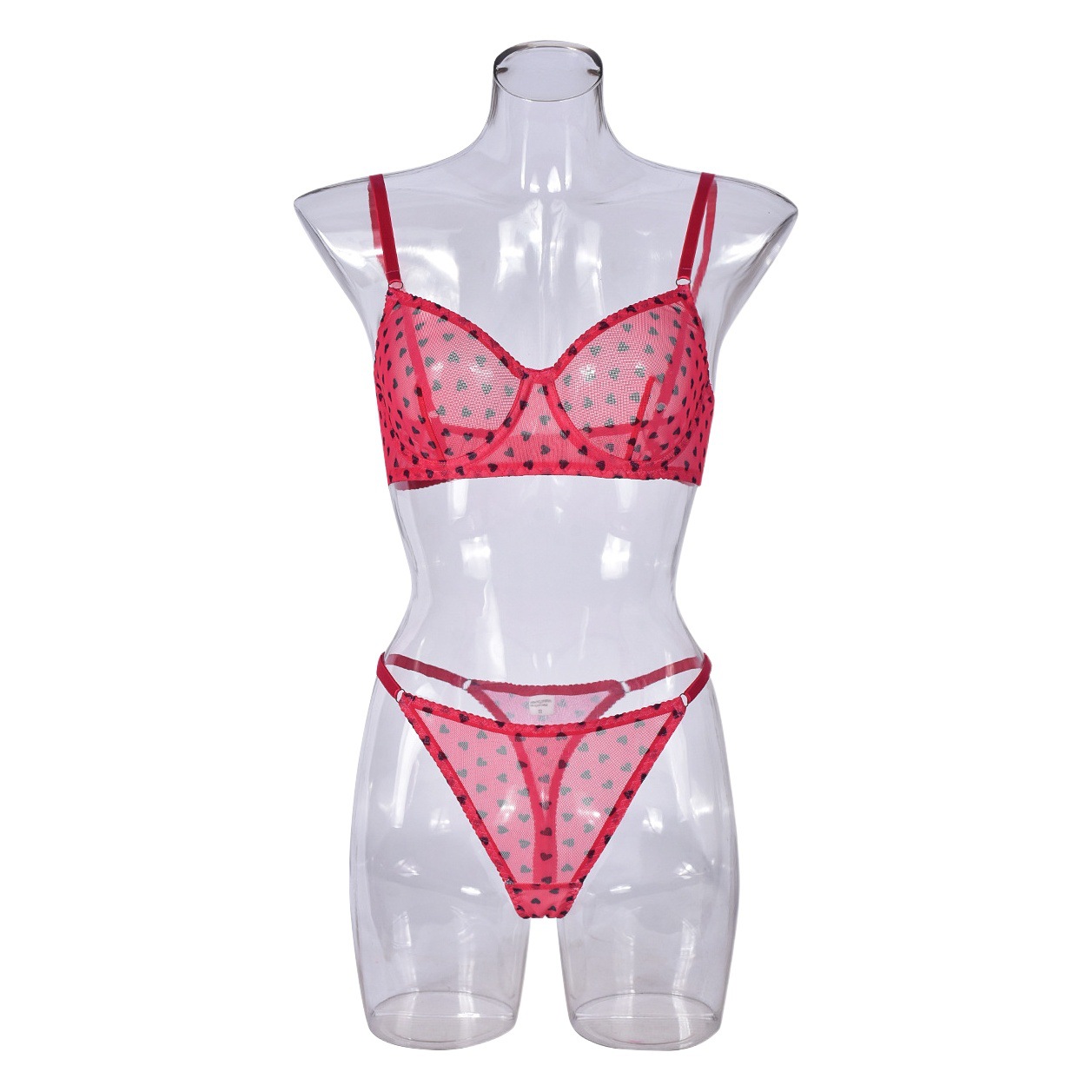 lingerie Valentine's Day cross-border heart print perspective sexy temptation three-point sexy lingerie suit women