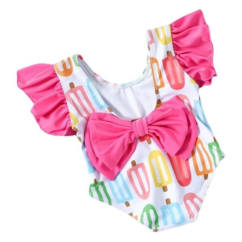 Women's Baby One-Piece Swimsuit Girls' Backless Bow Swimming Suit Printed Flashside Crossover Swimsuit