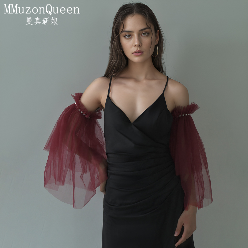 Manzhen Bridal Red Sleeves 2-Layer Cuffs Beaded Women's Sleeves Photo Party Dress Accessories Mm20A