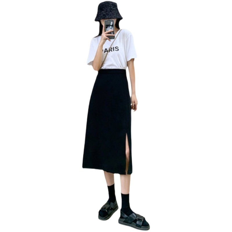 Black Skirt Mid-length Women's Summer Thin Ice Silk High Waist Split Slim Shroud Big Size A- line Skirt for Chubby Girls