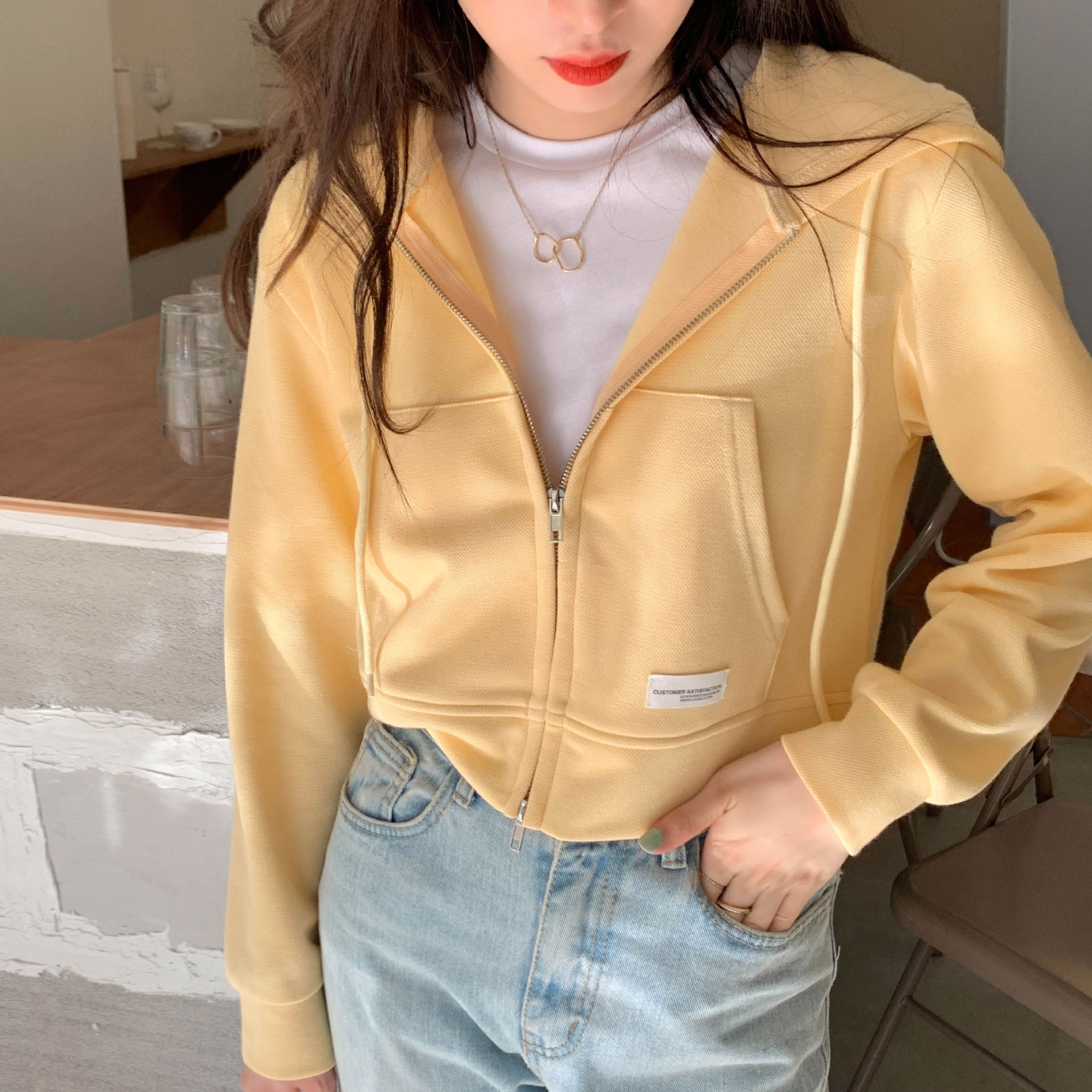 Picture of Thin Cotton Sweatshirt Women's Short Design Spring and Summer Short Pink Top Casual Hooded Cardigan Zipper Jacket