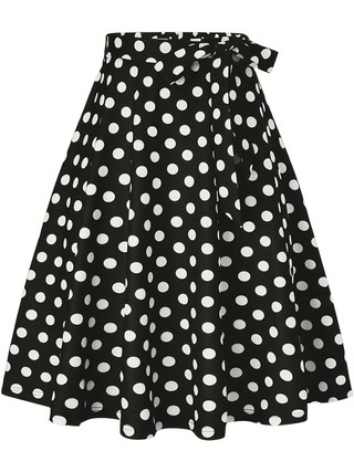 2024 Amazon Cross-border Women's plus size Black and White Wave Dot Belt High Waist A- line Skirt