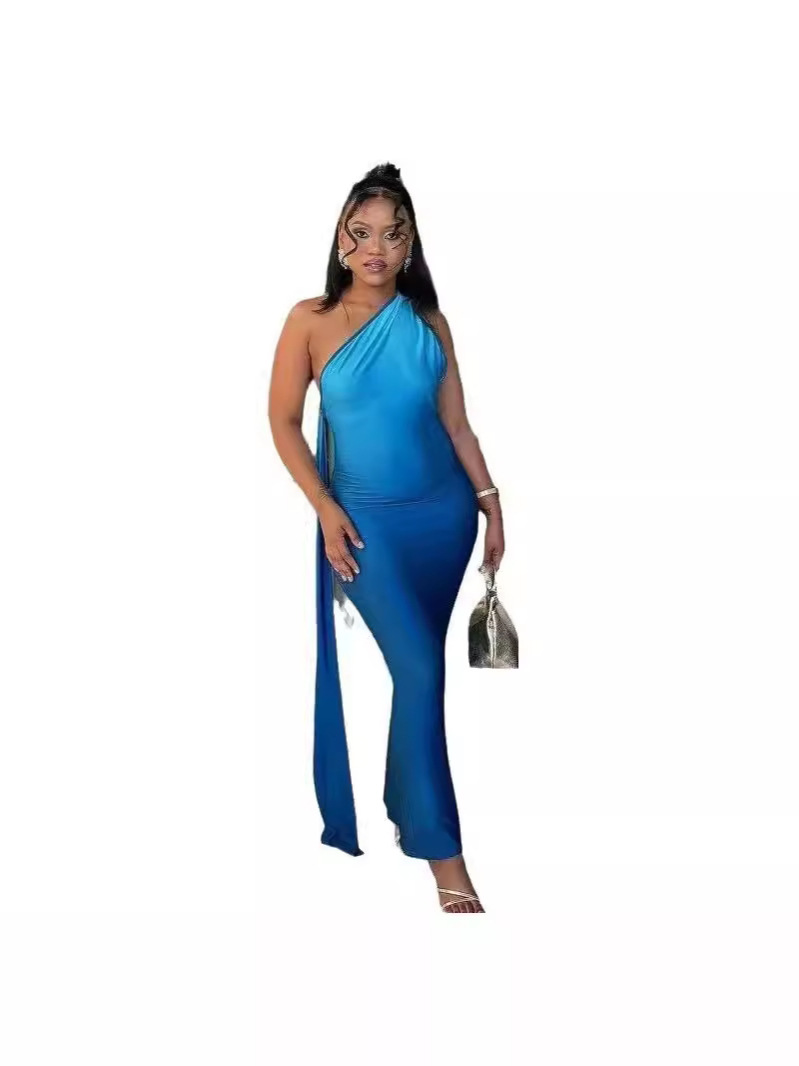 Cross-border European and American women's clothing 2024 new summer sleeveless shoulder gradient sexy slim hip dress long