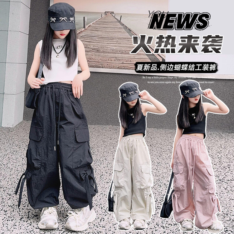 Girls Overalls Summer 2024 New Medium and Large Children's Jazz Hip-Hop Clothing Children's Loose Thin Pants Wholesale