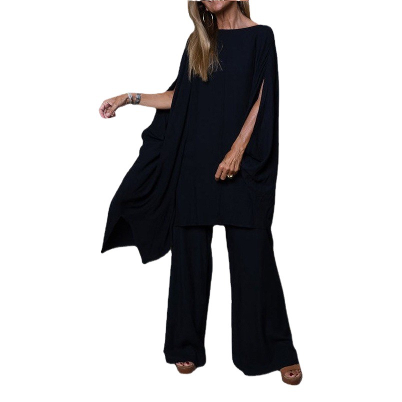 Cross-border independent station new foreign trade women's suit 2024 autumn solid color round neck jacket loose pants two-piece set