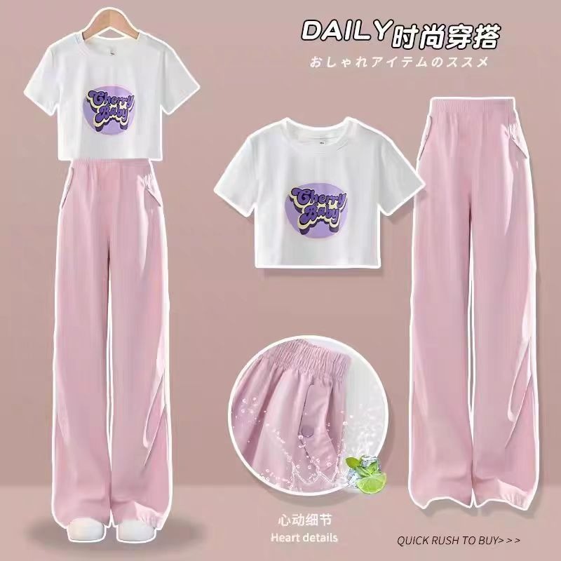 Girls summer sports suit 2024 new large children's short cartoon printed T-shirt Harlan pants two-piece fashion