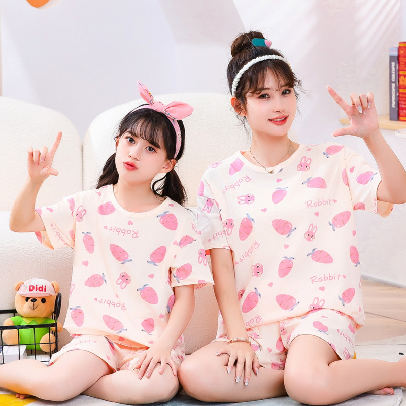 Picture of Children's Pure Cotton Short-Sleeved Home Clothes Set Family Mother-Daughter Home Cartoon Princess 2-Piece Set Summer Thin Cotton