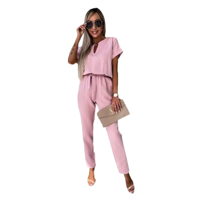 INS European and American Cross-border Summer Short-sleeved V-neck Slug Pocket Stretch Waist Lace-up Pencil Pants Cropped Pants for Women
