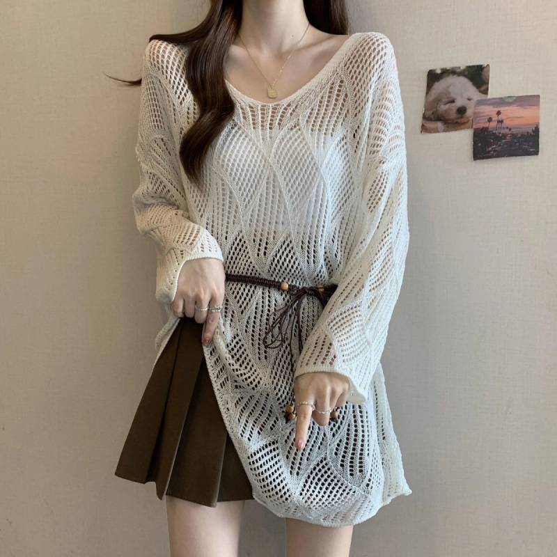 Plus-Size French-Style Belted Knit Sweater for Women 2025, Irregular Fashion Slimming Hollow-Out Blouse for Spring and Summer