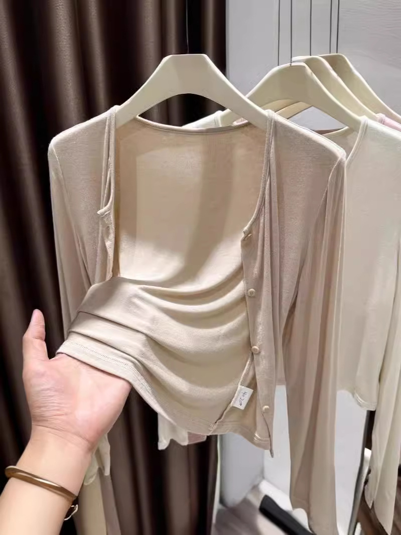 Ice Silk Modal Sun Protection Cardigan Women's Summer Outer Top with Sling Skirt Thin Long Sleeve Shawl Blouse