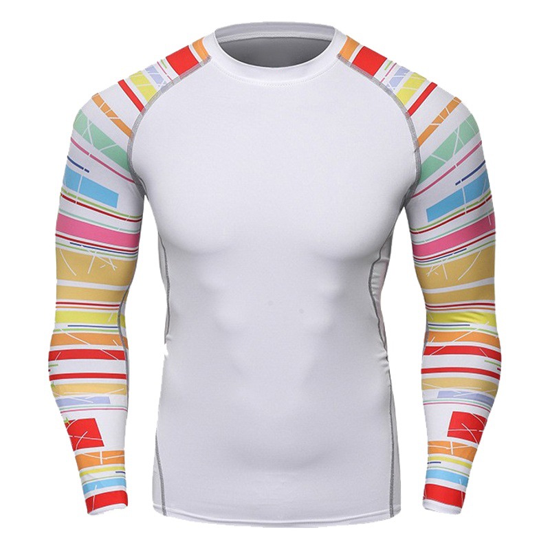 New Moisture-Absorbent Breathable Printed Bodysuit Long-Sleeved Compression Running T-Shirt Men's Fitness Wear A038