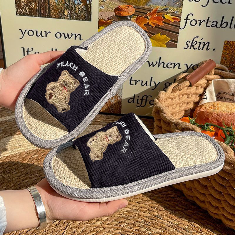 Linen Slippers Men's Spring and Autumn Soft Bottom Cotton Linen Indoor Mute Sweat-Absorbing Cartoon Non-slip Home Floor Slippers Women's Spring and Summer