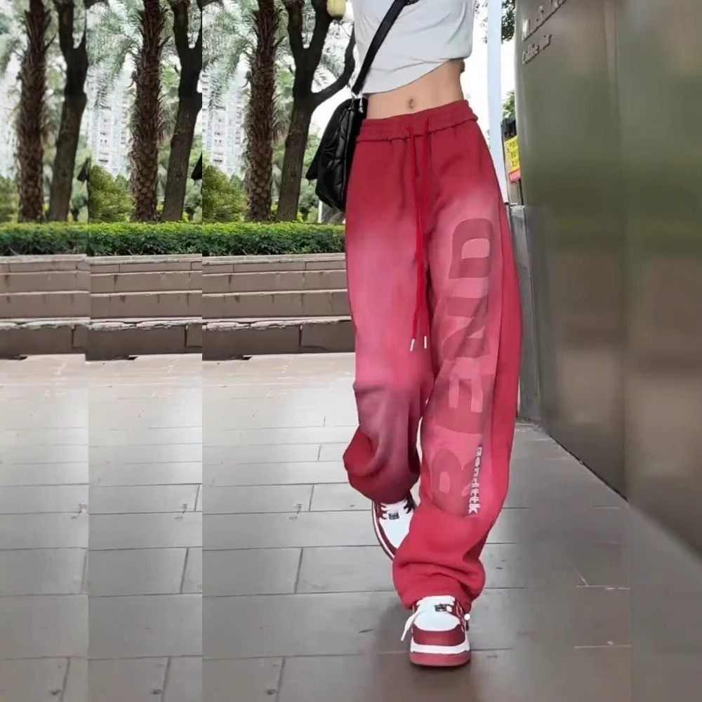 High street strap rose red overalls women's 2025 summer summer new loose wide leg high waist ruffian handsome casual pants