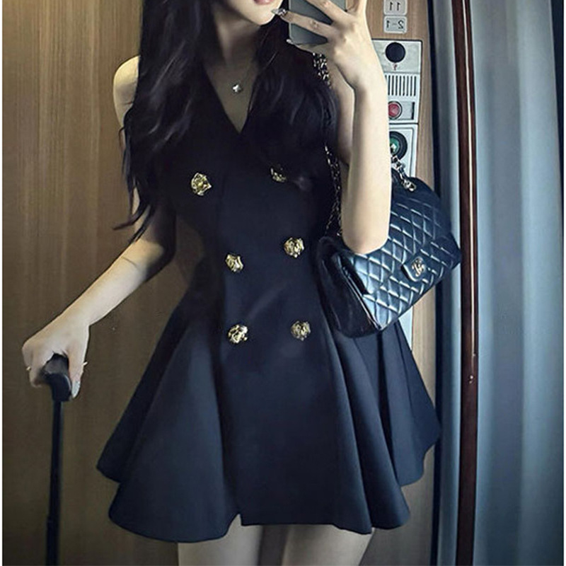French Style dress Women's Summer Slimming Elegant Socialite Chanel-style Double-breasted V-neck Waist A- shaped Pleated Short Skirt