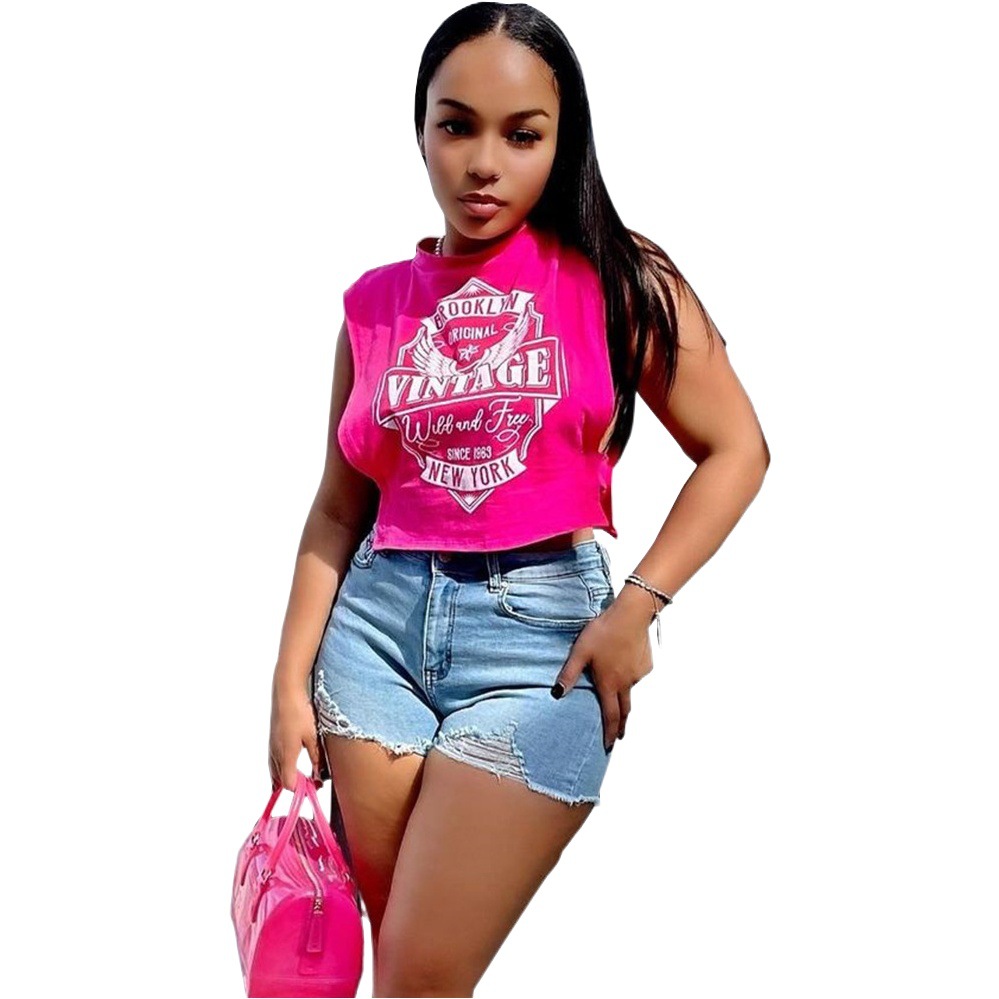 Freit 2023 Summer New European and American Women's Sexy Slim-fit Printed Hollow Rubber Vest for Women 7348TG