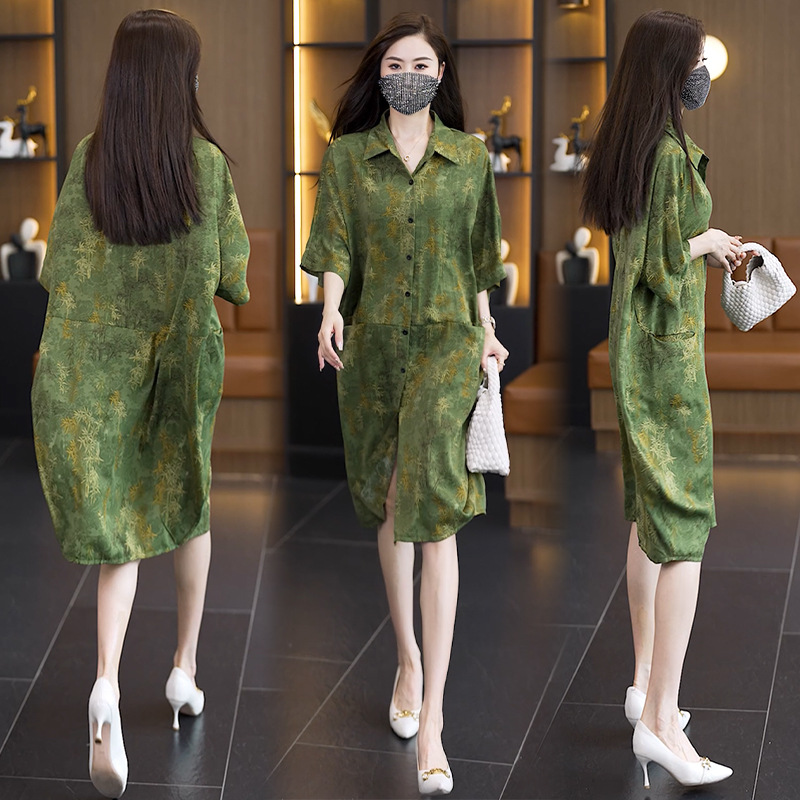 Plus Size Women's Clothing 2025 Summer New Fat Mpolo Collar Covering the Flesh and Showing Slim Casual Loose Shirt Dress