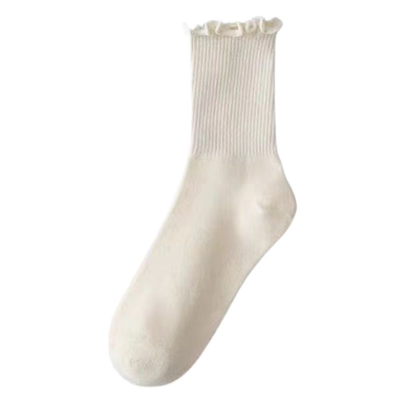 Spring and Summer Fashionable Pile Socks Pure Color Fungus Lace Socks Women's Mid-Calf Cute Japanese Style Jk Cotton Socks Manufacturer Wholesale