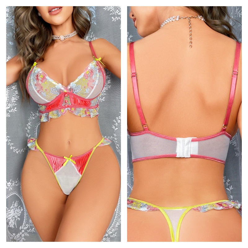 2025 New Summer Style Thin Embroidered Lace Seamless Triangle Cup Bra Fungus Lace See-Through Sexy Two-Piece Set