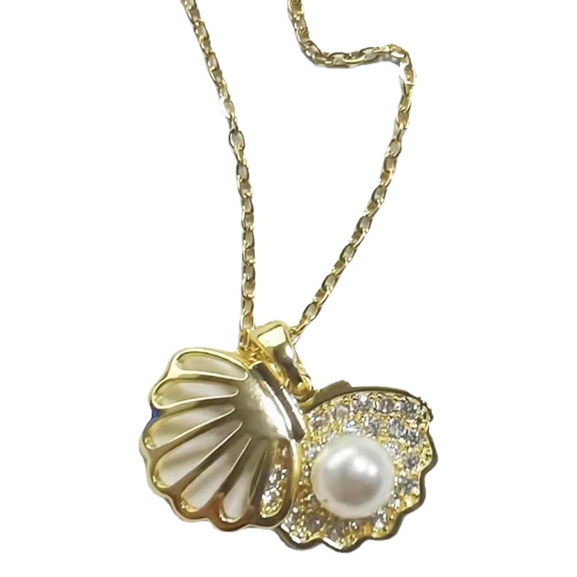 Summer New Micro-inlaid Shell Pearl Necklace Women's Popular All-match Electroplated 18K Hollow Scallop Water Corrugated Chain
