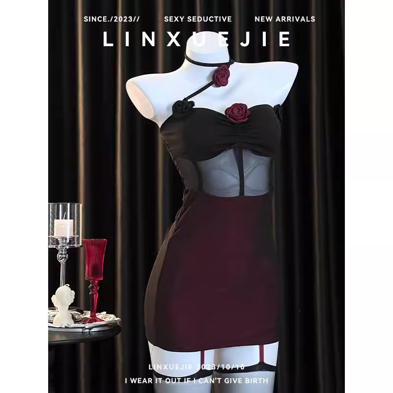 solitary sexual interest lingerie pure desire style uniform rose cheongsam hip wrap skirt pajamas female perspective set qqny