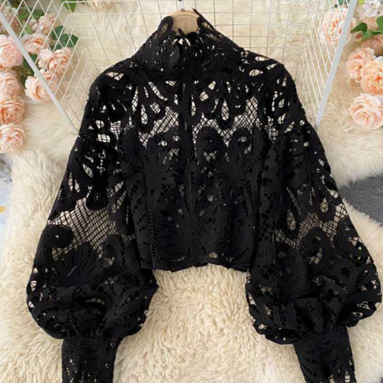 Picture of 2023 Design Sense Lace Hollow Autumn Top Standing Collar Bubble Sleeve Loose Sexy Short Shirt
