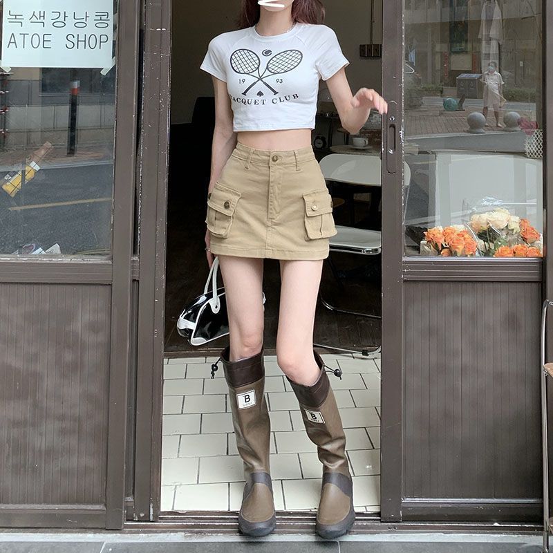 Khaki overalls skirt women's summer hot girl Anti-exposure Denim slimming retro skirt high waist A- line short skirt