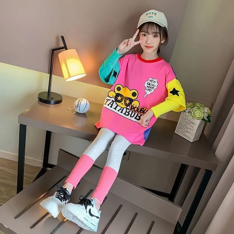 Girls' T-Shirt Skirt Spring and Autumn New Arrival Skirt Korean Style Middle and High School Students' Sportswear Children's Casual Sweater Skirt