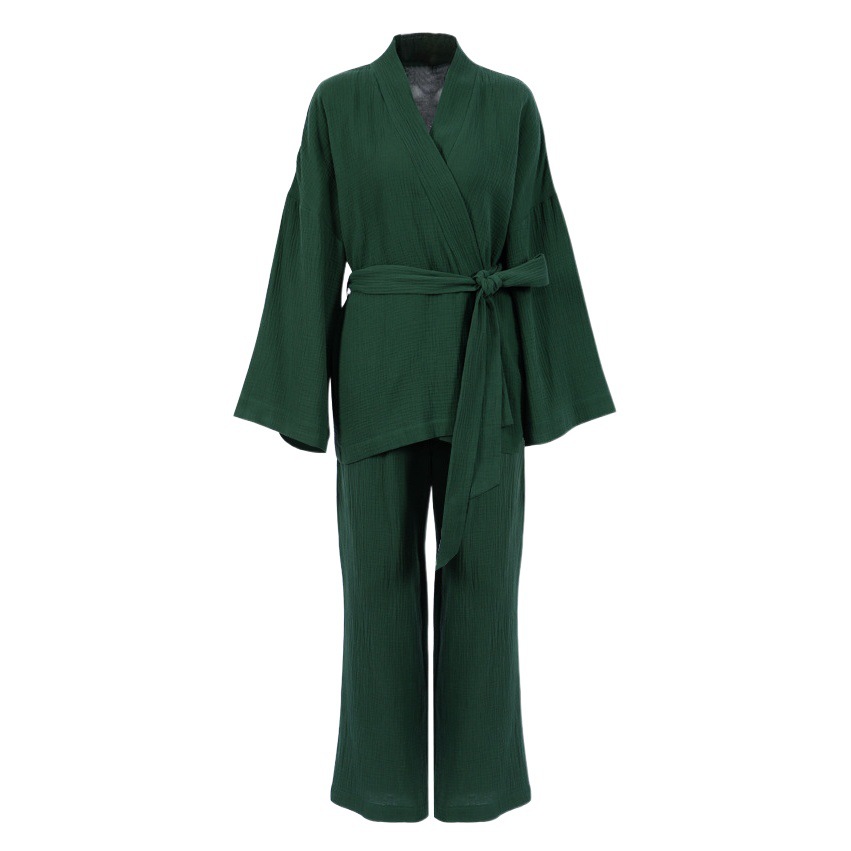 2025 Spring Underwear European and American Long Sleeve Loose Long Pants Crepe Women's Solid Color Nightgown Home Absorbent Sweat Steaming Suit for Women