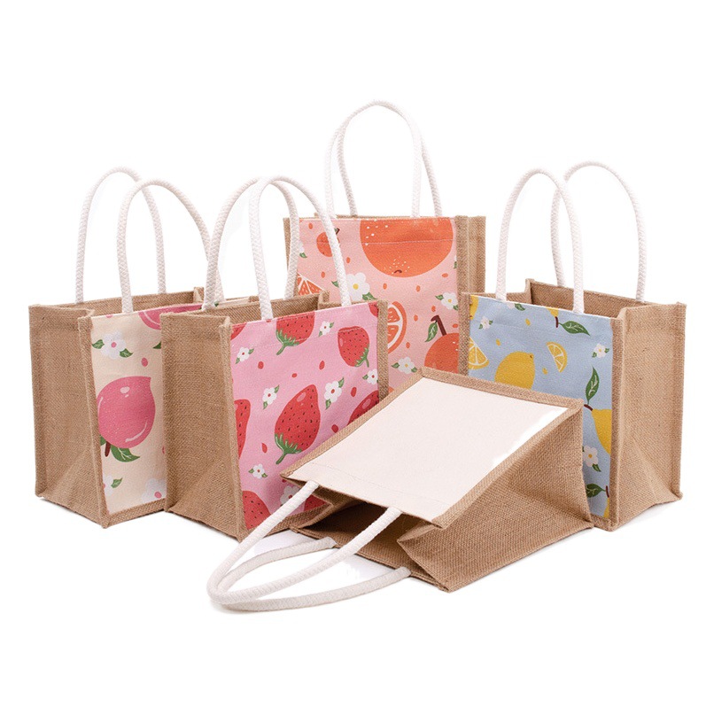 Spot strawberry fruit canvas stitching zipper portable linen bag diy cotton rope hand tote jute bag