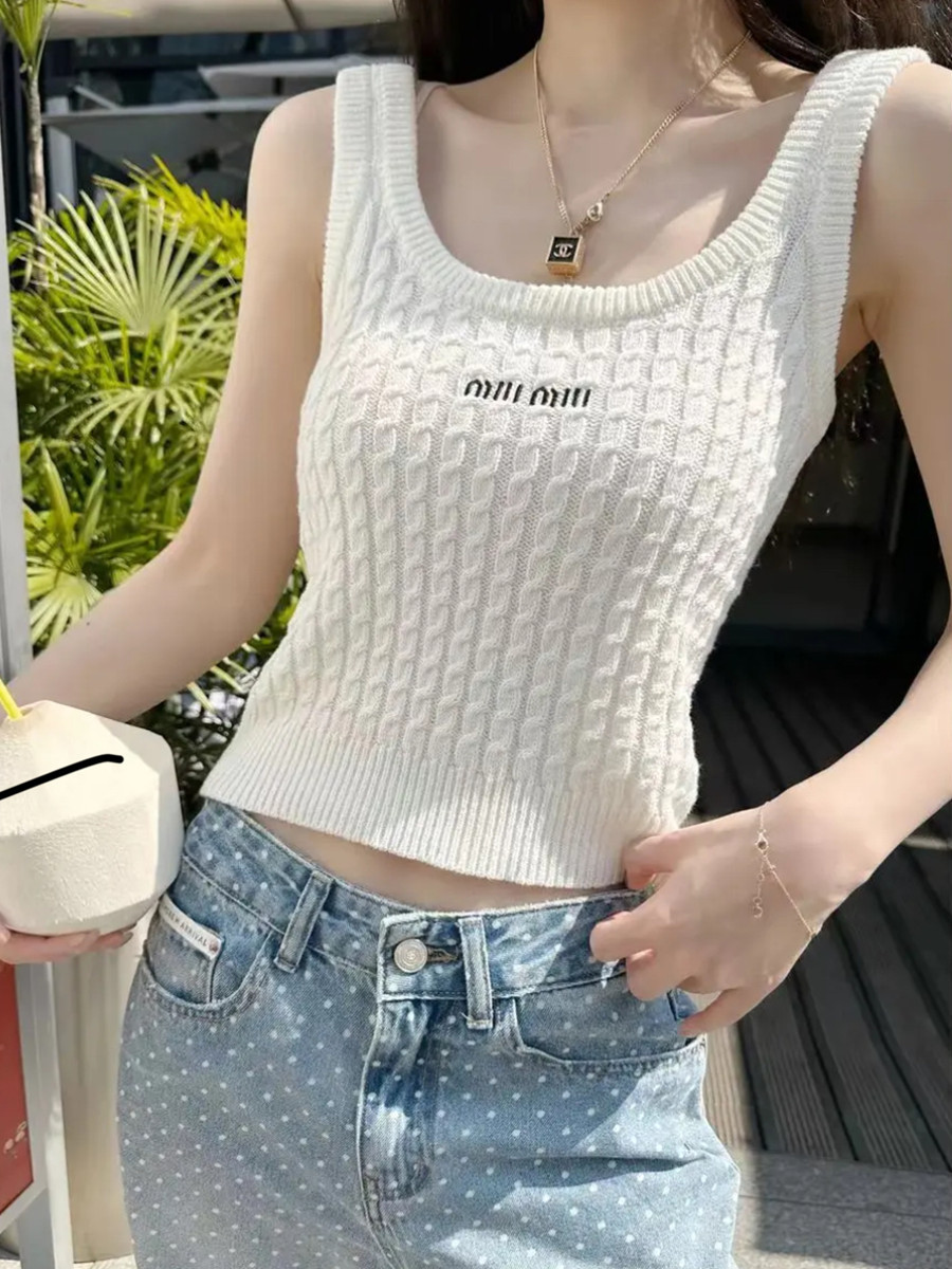 Cross-border Design Sense Niche Letter Embroidery Slim-fit Slimming Short Sleeveless Knitted Women's Age-reducing All-match Vest Top