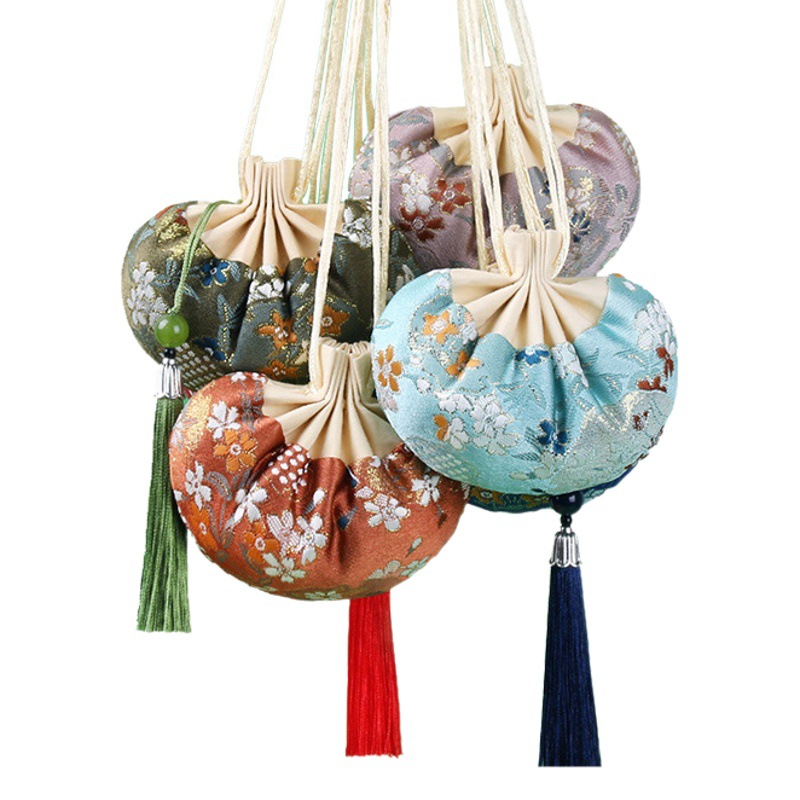 Gold silk court sachet sachet Hanfu Lotus bag long rope tassel halter ancient style sachet empty bag brocade bag