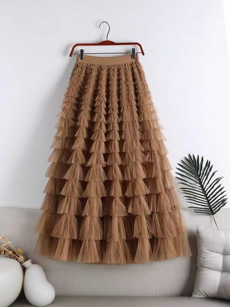 Mesh Splicing Cake Skirt 2025 Spring, Summer, Autumn and Winter New Mid-Length Skirt A-Line Long Skirt Fluffy Gauze Skirt