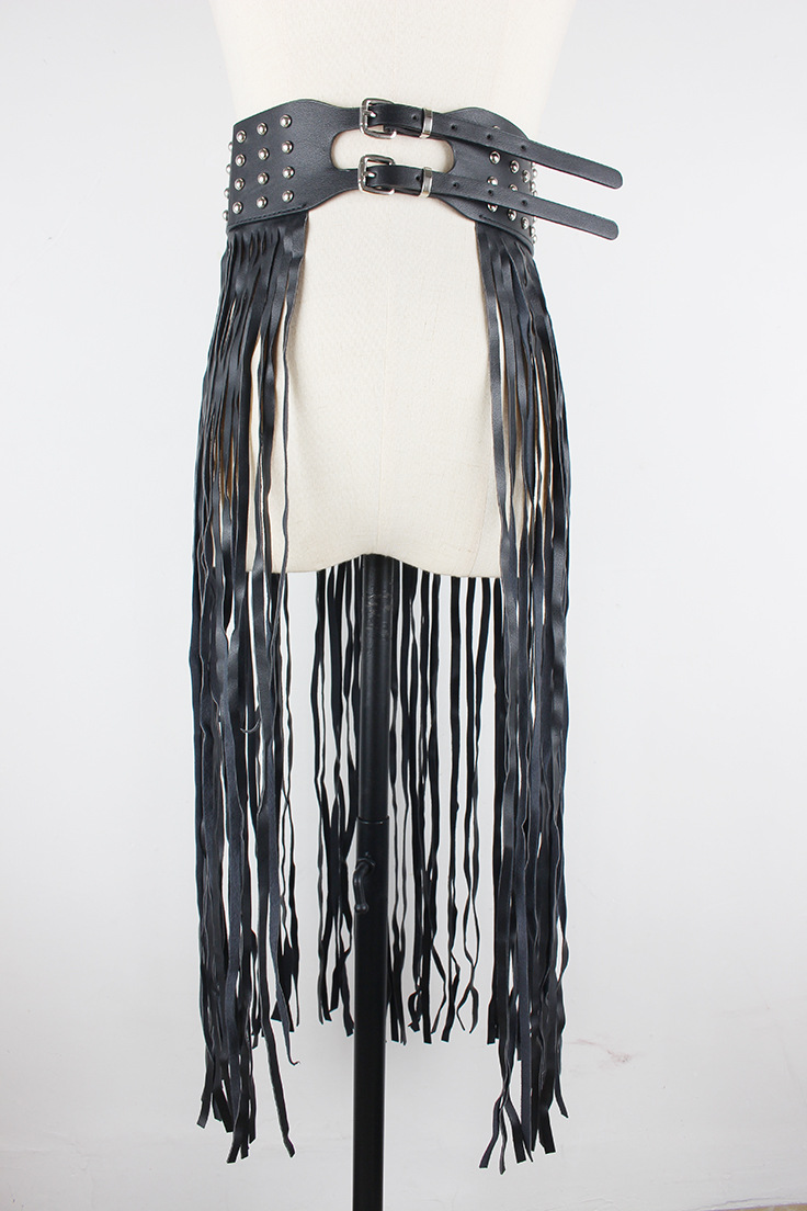 Punk style super long tassel skirt waist seal fashion rivet wide belt Women's elastic all-match dress decorative belt