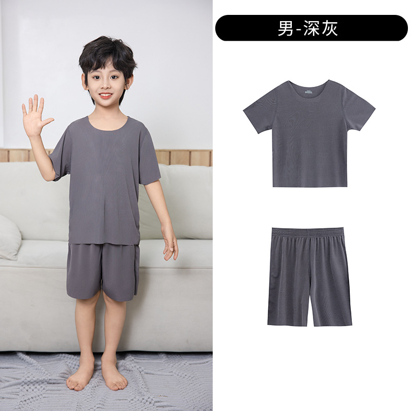 Picture of Summer New Style Boys' Short-Sleeved Loose Seamless Ice Silk Home Clothes Children's Two-Piece Set Girls' Pajamas Set Wholesale