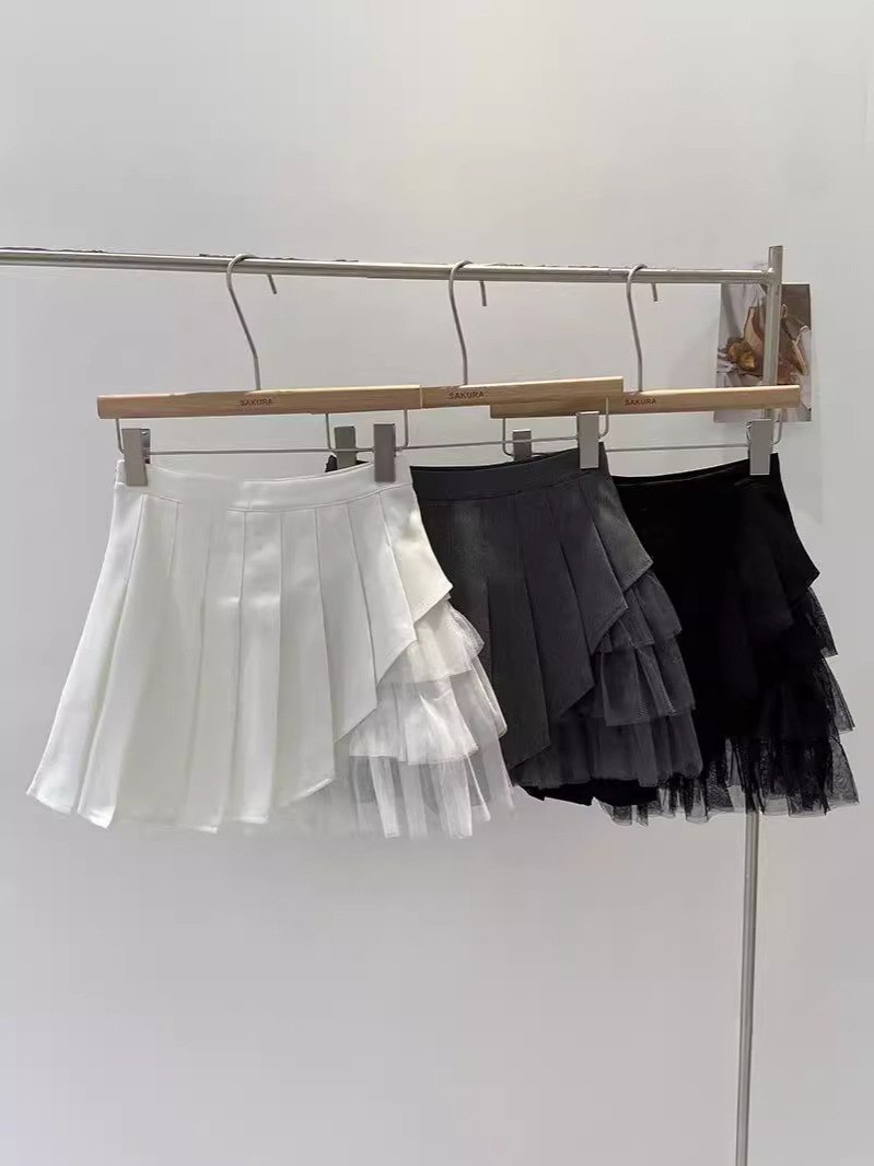 Designed Mesh Splicing Pleated Skirt for Women 2024 Summer New Korean Style Niche High Waist A-Line Short Skirt