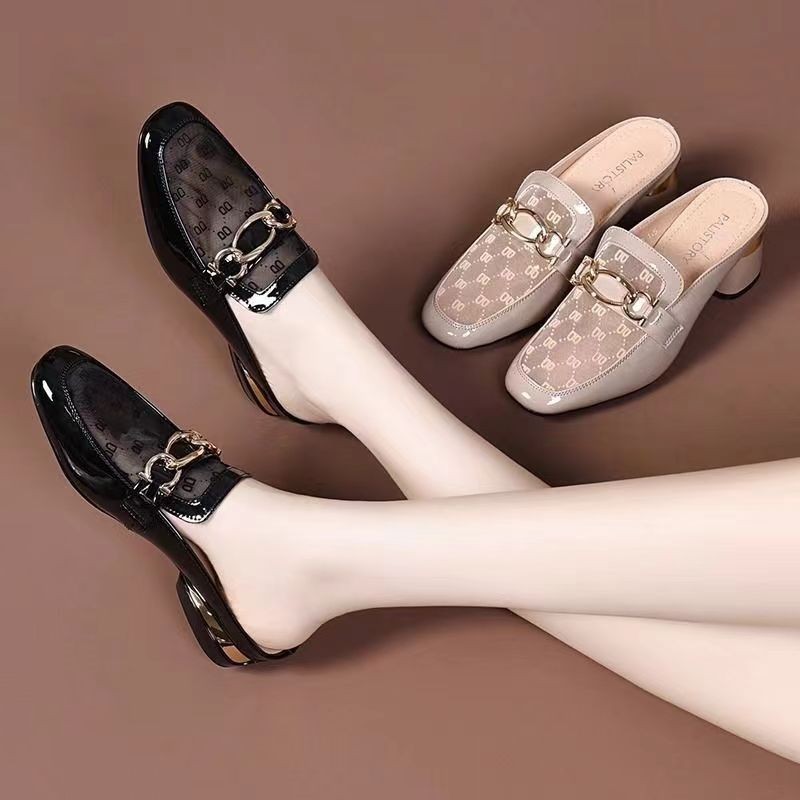 Mesh Hollow Baotou Loafers Women's 2024 Summer New Low Heel Fashionable Slip-on Lazy Shoes Outer Wear Slippers