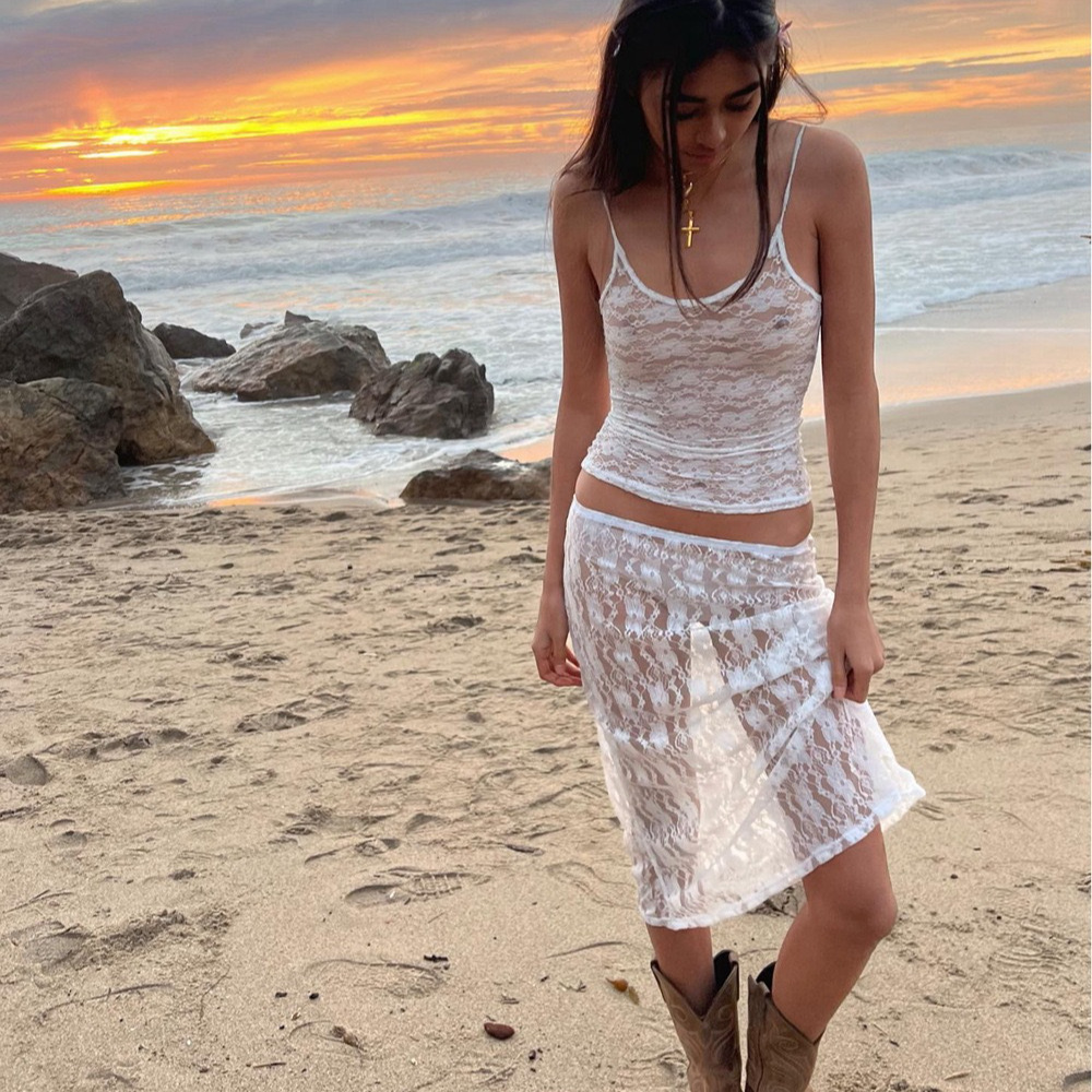 Picture of European and American ins style lace perspective suspenders 2023 summer new women's slim fashion small vest wholesale