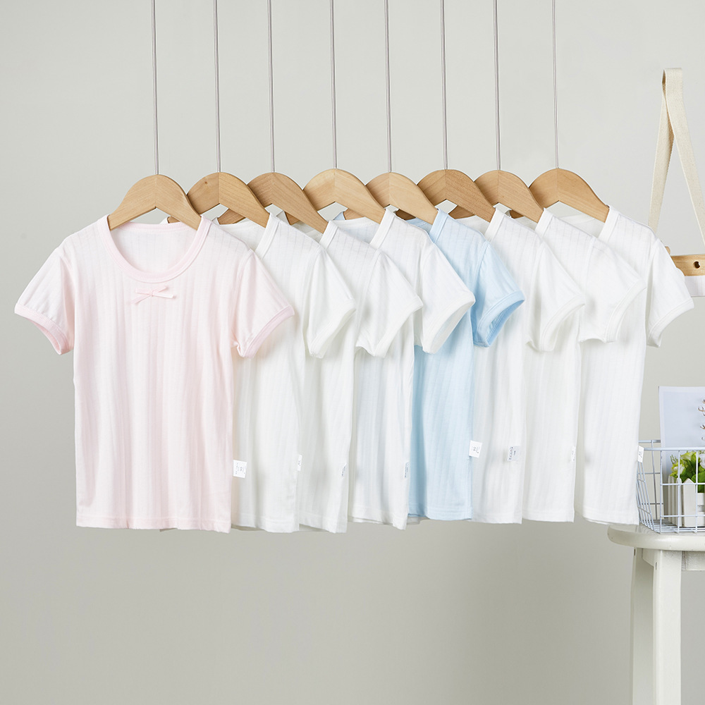 Picture of Summer Kidsren's Cold-Feeling Half-Sleeved T-Shirt Thin Breathable Short-Sleeved Baby Boy and Girl Bottoming Shirt 2-Piece Pure Color