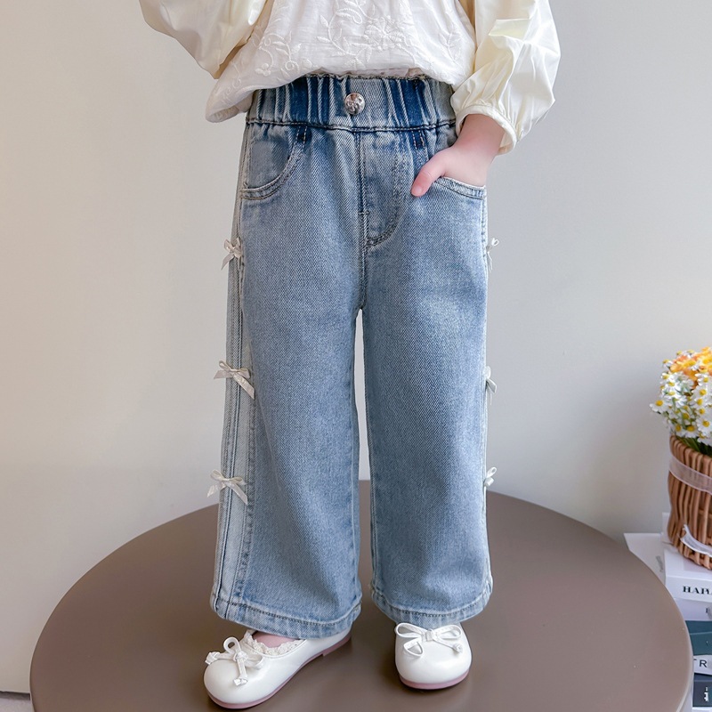 Picture of Girls' Jeans Spring 2025 New Children's Spring Pants Children's Bow Denim Wide Leg Straight Pants