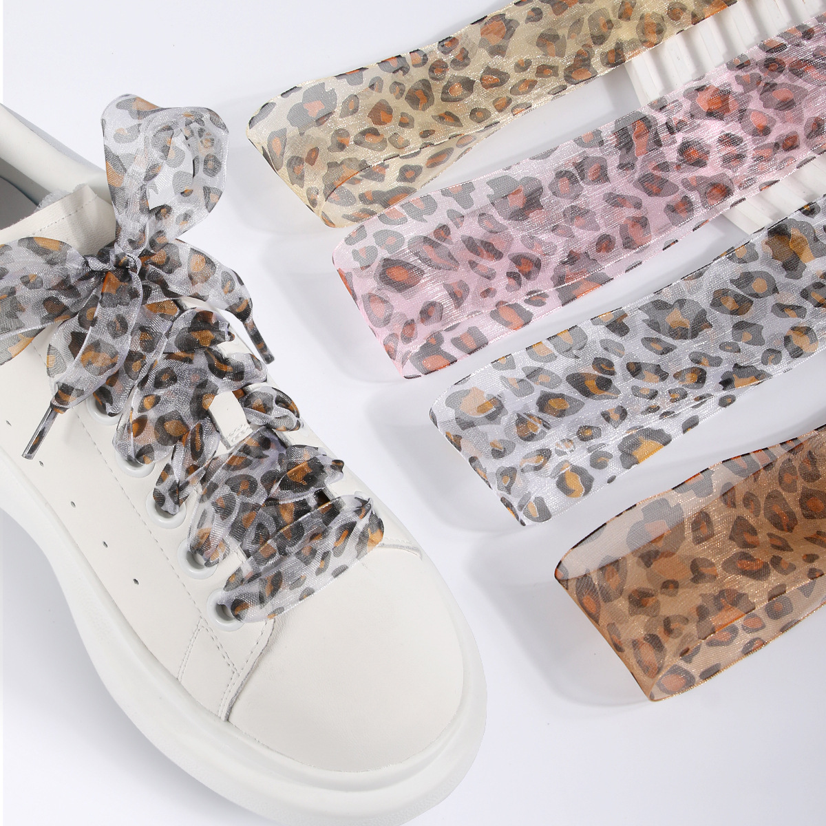 New leopard print shoelaces 4CM wide snow gauze cute shoelaces shoelaces leopard print pattern silk yarn lace shoelaces