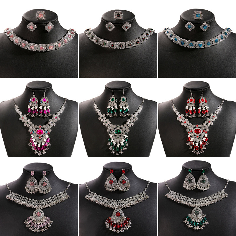 Picture of European and American Luxury Flower Jewelry suit Retro Tassel Round Gem Necklace Geometric Water Drops Square Earrings for Women