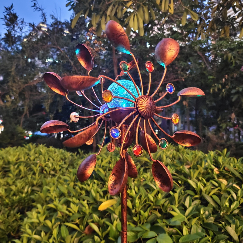 Picture of Export Amazon Hot Sale Garden Plug-in with Solar Glass Ball Led Light Bronze Color Courtyard Wrought Iron Windmill