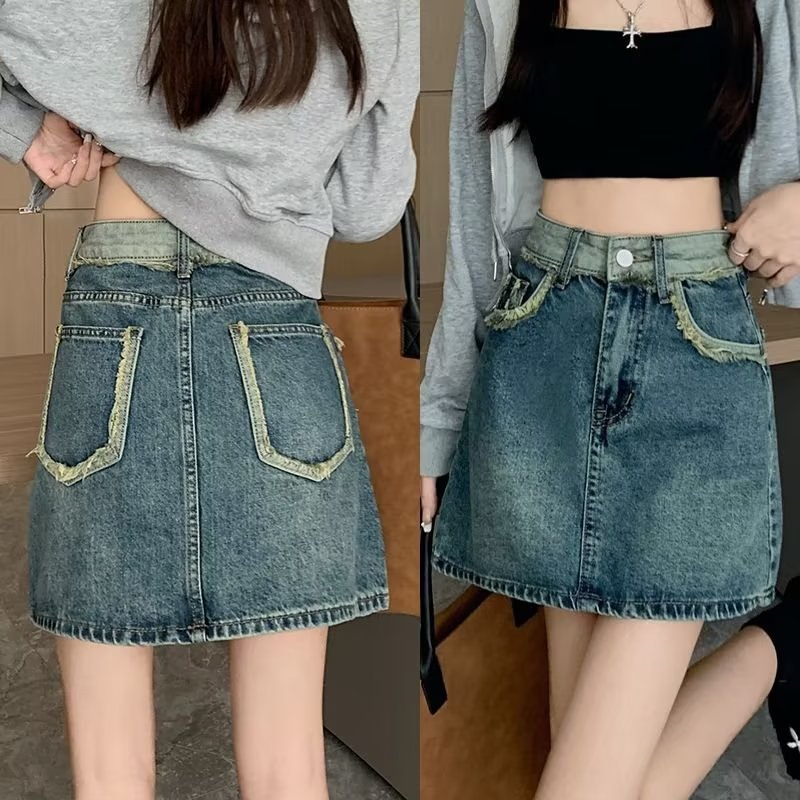 Retro stitching Denim skirt for women 2023 Summer new high waist slim slimming A- line skirt sheath short skirt
