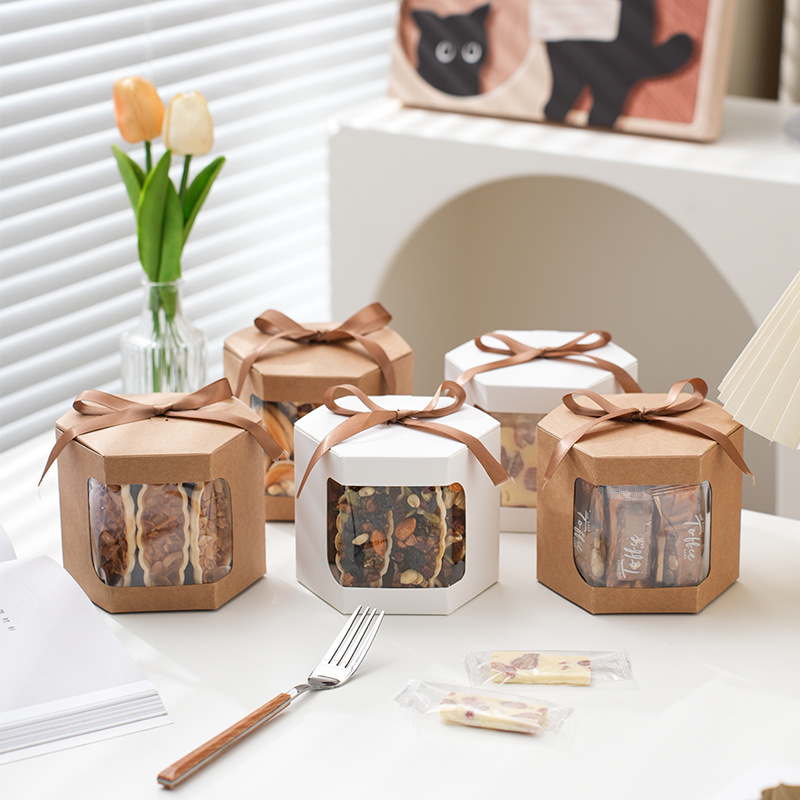 Hexagonal Candy Box Ribbon Style with Window Opening Gift Empty Box Kindergarten Holiday Event Small Gift Box