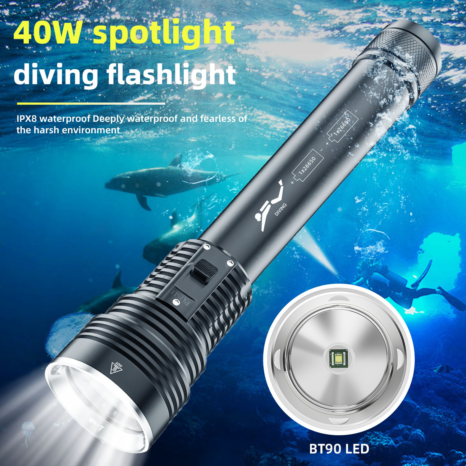 Cross-border new diving flashlight, strong light LED magnetic control switch, fishing flashlight, scuba diving light