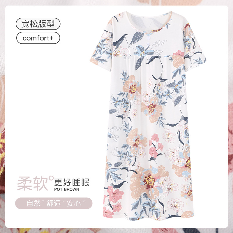 Summer Middle-aged and Elderly Women's Cotton Silk Nightgown Plus Size Loose Mother's Casual Short-sleeved Home Clothes dress