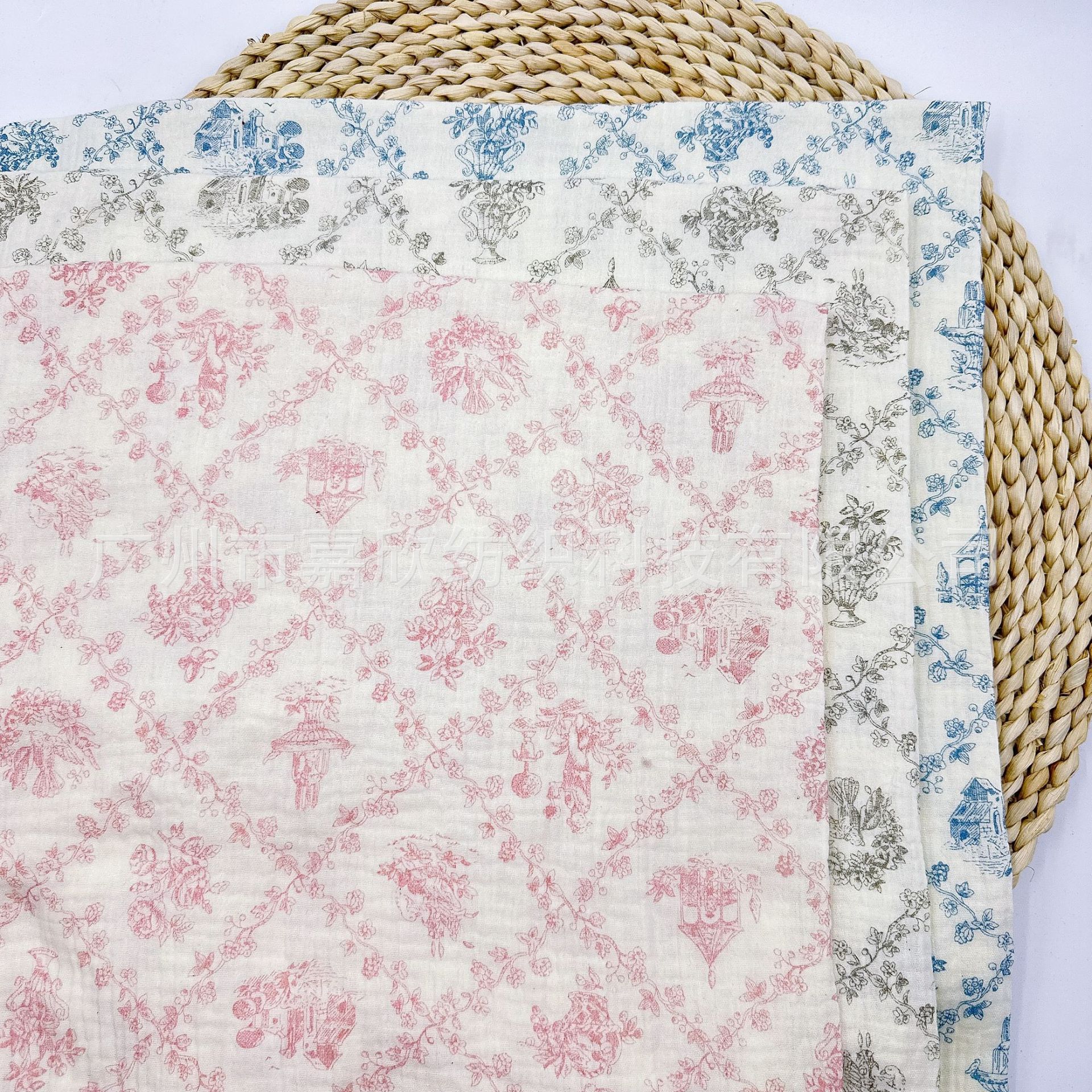 Cotton Double-Layer Yarn Fabric Plain Fine Cloth Baby Crepe Small Fresh Floral Print Children's Wear Pajamas Fabric