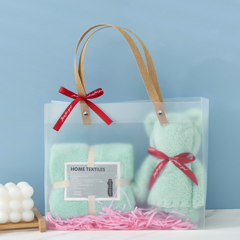 Picture of Coral Velvet Towel Pvc Double Satchel Gift Box Bear Holiday Wedding Souvenir Towel Gift Towel Embroider